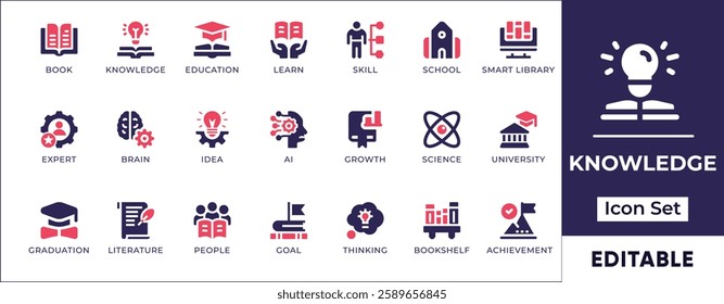 Flat knowledge icon set featuring education, learning, books, research, brainpower, wisdom, and intellectual growth concepts.