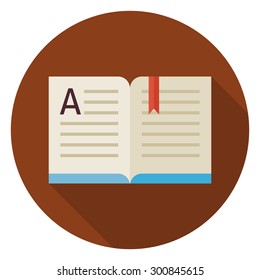 Flat Knowledge Reading Open Book Circle Icon with Long Shadow. Back to School and Education. Wisdom and Library Vector illustration. Reading Book with Bookmark Object. 
