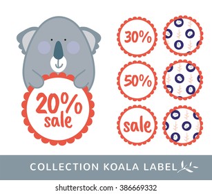 Flat koala with branch and leaves. Collection koala label, tag, icon, sticker, price tag, discount. All for making sale in the shop, website, trade, retail, market, store. Ecology colors and style