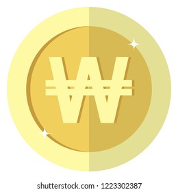 Flat korean won currency round Gold coin. Asia. Casino currency, gambling coin, vector illustration isolated on white background. Vector icon, symbol, money, casino gambling. EPS10