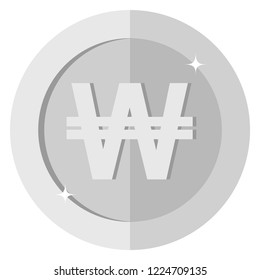 Flat korean won currency round Silver coin. Asia. Casino currency, gambling coin, vector illustration isolated on white background. Vector icon, symbol, money, casino gambling. EPS10