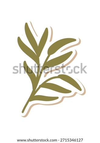 Flat kraft mistletoe branch sticker ornament in green. Christmas party branch patch as plant ornament. Kraft gift patch decor for holiday box and festive decoration.
