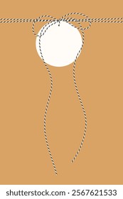 Flat kraft paper background, gift tied up with cotton black rope bakers twine bow and ribbons with blank round white tag. Packing string for present, pastry boxes for New Year, birthday. Vector EPS10