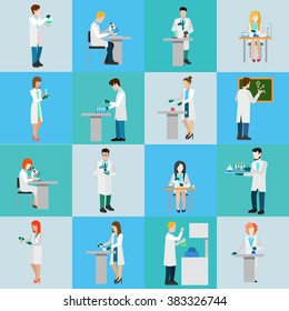 Flat lab research science laboratory scientist doctor nurse icon set concept web infographics vector illustration. Healthcare medicine professional conceptual. Creative people collection.