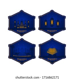 Flat label ramadan kareem blue and gold badge design isolated on white background
