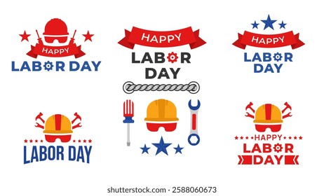 Flat Labor Day Badges with Hard Hat amp Tools