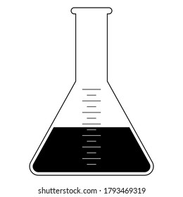 Flat Laboratory Equipment Cartoon Vector - Black And White Silhouette Erlenmeyer Flask Icon Isolated On White Background
