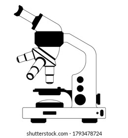 Flat Laboratory Equipment Cartoon Vector - Black And White Silhouette Adjustable Lab Optical Microscope Multiple Lens Icon Isolated On White Background