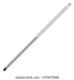 Flat Laboratory Equipment Cartoon Vector - Black And White Silhouette Mercury Bar Thermometer Icon Isolated On White Background