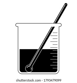 Flat Laboratory Equipment Cartoon Vector - Black And White Silhouette Beaker With Stirring Rod Stick Icon Isolated On White Background