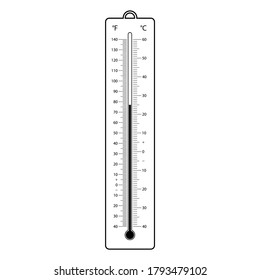 Flat Laboratory Equipment Cartoon Vector - Black And White Silhouette Mercury Bar Thermometer Fahrenheit And Celsius Scale At Room Temperature Icon Isolated On White Background