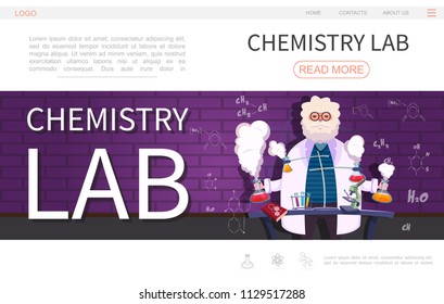 Flat laboratory research landing page template with scientist doing chemical experiment using lab equipment vector illustration