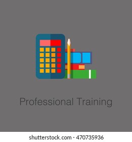 Flat laconic business web element, online education sign, button, logo of Professional Training with calculator, books and pencil objects
