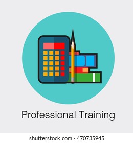 Flat laconic business web element, online education sign, button, logo of Professional Training with calculator, books and pencil objects