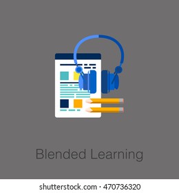 Elemento lacónico plano del Web del negocio, muestra en línea de la educación, Botón, logotipo del aprendizaje mezclado con el papel de las notas, el auricular y los lápices