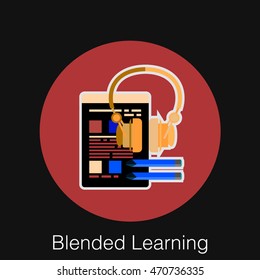 Flat laconic business web element, online education sign, button, logo of blended learning with notes paper, earphone and pencils