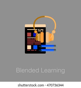 Flat laconic business web element, online education sign, button, logo of blended learning with notes paper, earphone and pencils