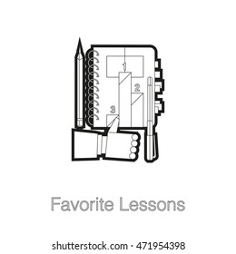 Flat laconic business web element, online education sign, button, logo of Favorite lessons with notebook, pen and pencils, like hand