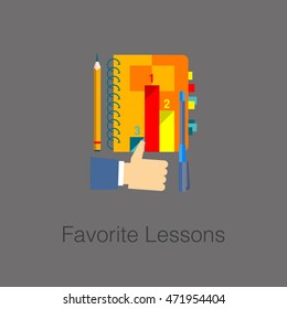 Flat laconic business web element, online education sign, button, logo of Favorite lessons with notebook, pen and pencils, like hand