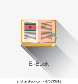 Flat laconic business web element, online education sign, button, logo of E-book with electron book sign with video and text and pencil