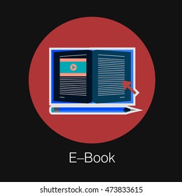 Flat laconic business web element, online education sign, button, logo of E-book with electron book sign with video and text and pencil