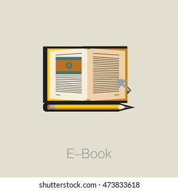 Flat laconic business web element, online education sign, button, logo of E-book with electron book sign with video and text and pencil