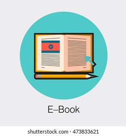 Flat laconic business web element, online education sign, button, logo of E-book with electron book sign with video and text and pencil