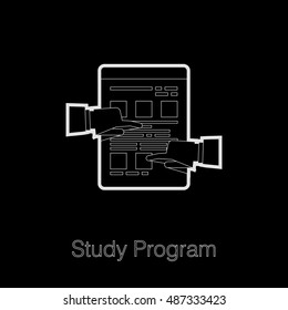 Flat laconic business web element, online education sign, button, logo of Study Program with notes paper and hands