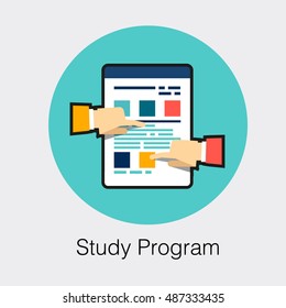 Flat laconic business web element, online education sign, button, logo of Study Program with notes paper and hands