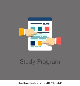 Flat laconic business web element, online education sign, button, logo of Study Program with notes paper and hands