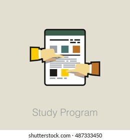 Flat laconic business web element, online education sign, button, logo of Study Program with notes paper and hands