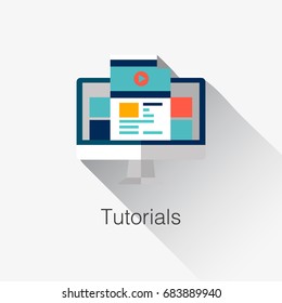 Flat laconic business web element, online education sign, button, logo of Tutorials with computer and notes paper with video sign inside.