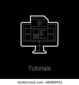 Flat laconic business web element, online education sign, button, logo of Tutorials with computer and notes paper with video sign inside.