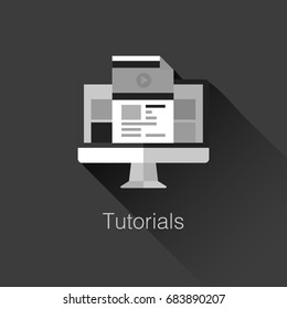 Flat laconic business web element, online education sign, button, logo of Tutorials with computer and notes paper with video sign inside.