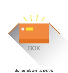 Flat laconic icon logo of mail, delivery, bright orange icon of open carton box with light for game design, advertising, web icon, label, stamps etc.