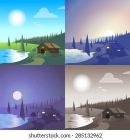 Flat lake house landscape river bank wild forest scene set. Stylish web banner nature outdoor collection. Daylight, night moonlight, sunset view, retro vintage picture sepia.