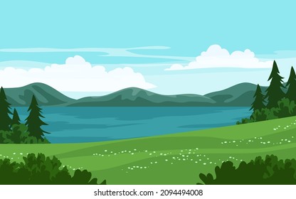Flat lake and mountain landscape illustration