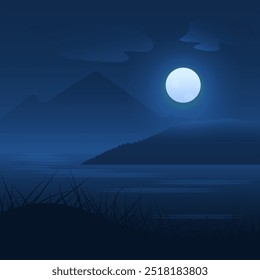 Flat lake at night illustration vector with moon, clouds, mount, grass.