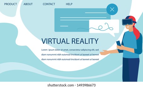 Flat Landing Page Advertise Virtual Reality for Communication. Cartoon Woman Wearing VR Glasses Chatting, Negotiating Online, Putting E-Signature. Vector Technology, Cyberspace and Office Illustration