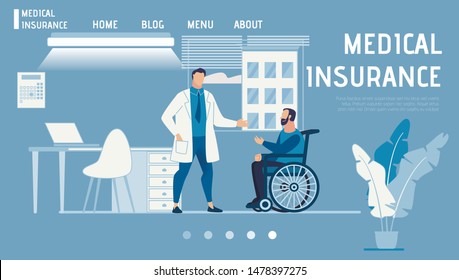 Flat Landing Page Advertising Medical Insurance and Healthcare Service. Cartoon Male Doctor Advising Disabled Man Patient in Chairwheel. Modern Therapists Cabinet Interior. Vector Illustration