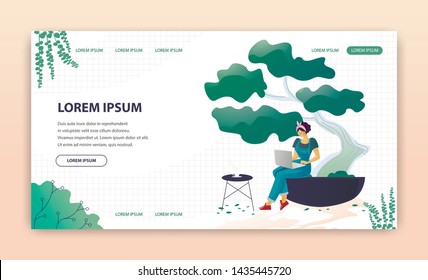 Flat Landing Page Advertising Modern Greenhouses. Woman Working, Searching Useful Information or Networking on Laptop while Rest with cup of Coffee in Eco Place. Vector Cartoon Illustration