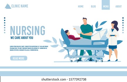 Flat Landing Page Advertising Nursing and Physical Therapy Medical Service. Doctor and Nurse Treating Seriously Ill Woman Lying on Hospital Bed. Healthcare and Telemedicine. Vector Illustration