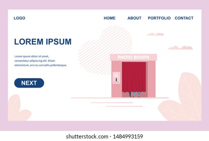 Flat Landing Page Advertising Photo Booth Service. Cabin for Taking Pictures. Webpage with Editable Information and Menu. Cartoon People Photography. Boyfriend Girlfriend Have Fun. Vector Illustration