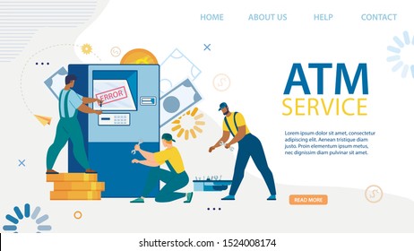 Flat Landing Page Advertising Professional ATM Service and Maintenance. Cartoon Servicemen Characters in Uniform Repairing Automated Teller Machine. Vector Broken Cash Point Illustration