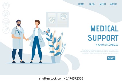 Flat Landing Page Advertising Specialized Medical Support. Cartoon Nurse and Practitioner, Male and Female Doctors Clinic Staff Character. Online Medicine and Insurance. Vector Illustration