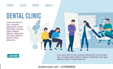 Flat Landing Page Advertising Visit to Dental Clinic. Woman Assistant Welcoming Patient with Toothache to Doctor Cabinet. Dentistry Tooth Care. Treatment and Prosthetics. Vector Cartoon Illustration