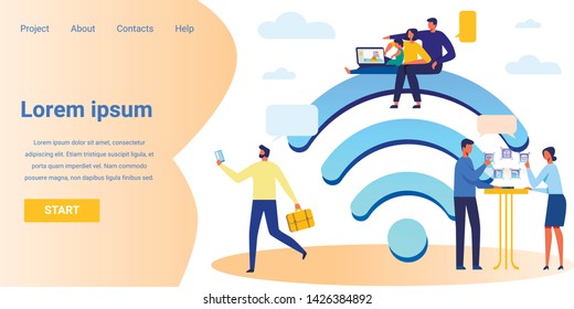 Flat Landing Page Advertising Wi-fi Connection. Cartoon People Characters Making Video Call Wirelessly via Laptop, Smartphone. Man and Woman Performing Smart House Remote Control. Vector Illustration