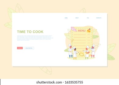 Flat Landing Page with Cartoon Empty Menu List Design and Happy Little Children in Cook Chef Clothes and Baked Pastry Confectionary and Decorated Sweets. Kids Hobby and Interests. Vector Illustration