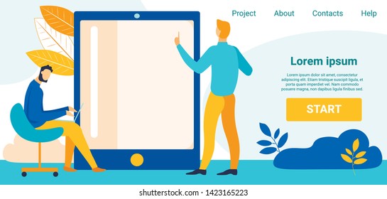 Flat Landing Page with Cartoon Men Using Devices. One Guy Types on Laptop, other Male Character Stands by Big Digital Tablet. Social Media Application Development. Internet Analytics, Work in Network