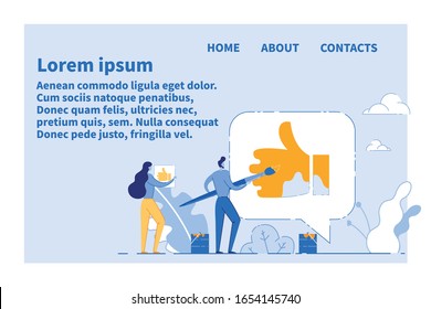 Flat Landing Page with Cartoon People Painting Thumbs up Sign. Support in Digital Marketing. Social Media and Network. Increase Popularity‎ and Positive Customer Feedback. Vector Illustration